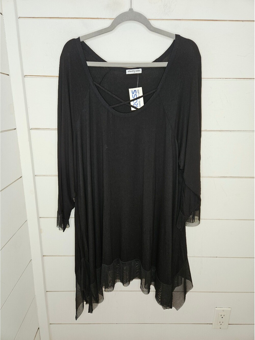 NWT Cha Cha Vente 3X black comfy & stretchy shirt with sheer accents on hems